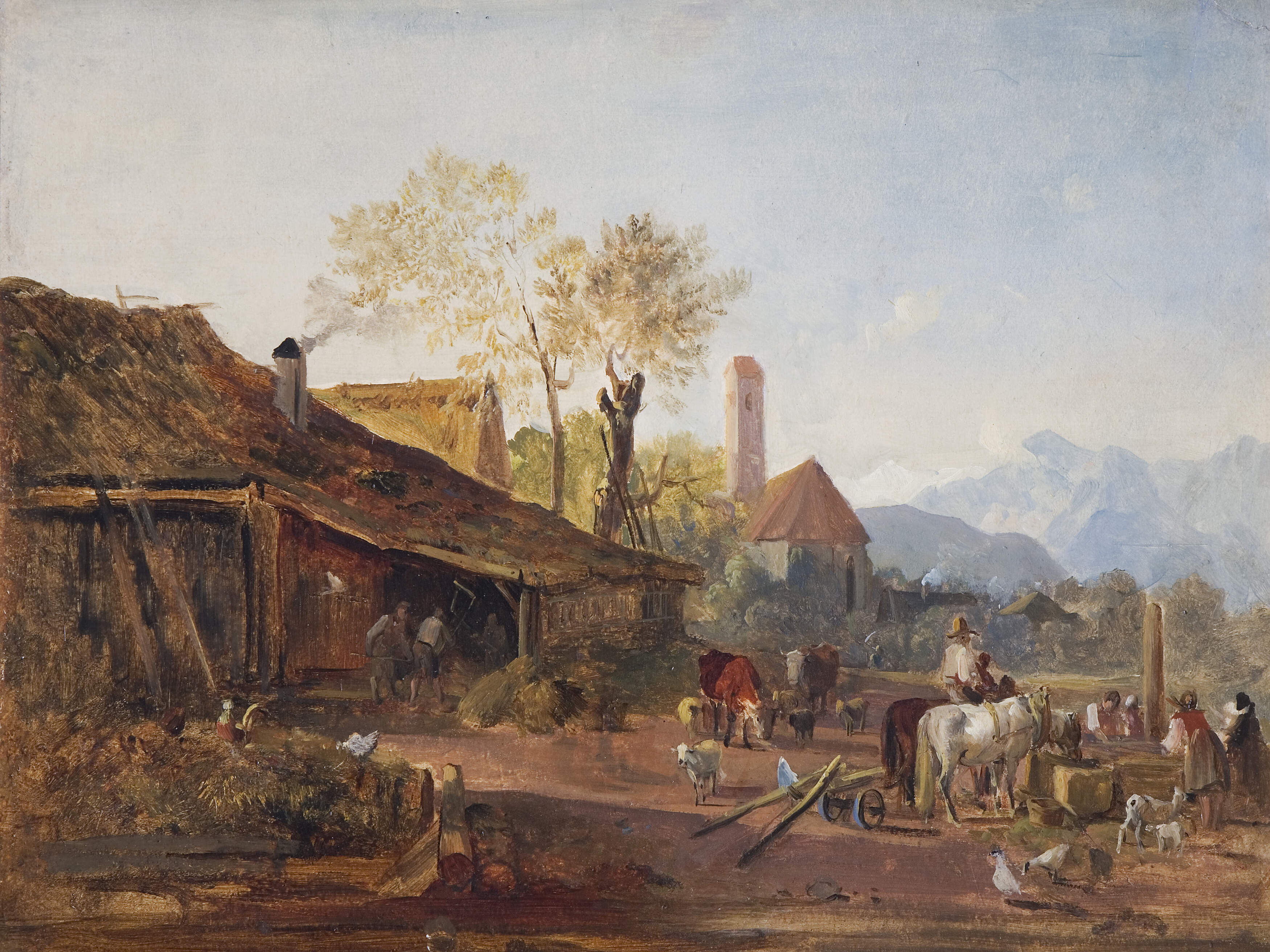 Bürkel, Heinrich Nachlass "Belebter Bauernhof mit Brunnen"
