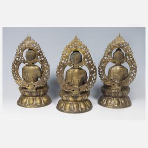 3er Satz Bronze-Buddhas, vermutlich Nepal 19. Jahrhundert