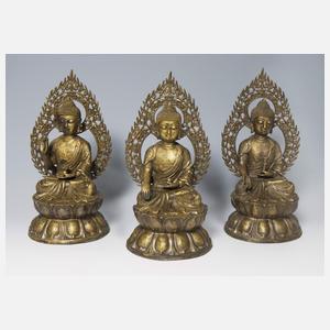 3er Satz Bronze-Buddhas, vermutlich Nepal 19. Jahrhundert