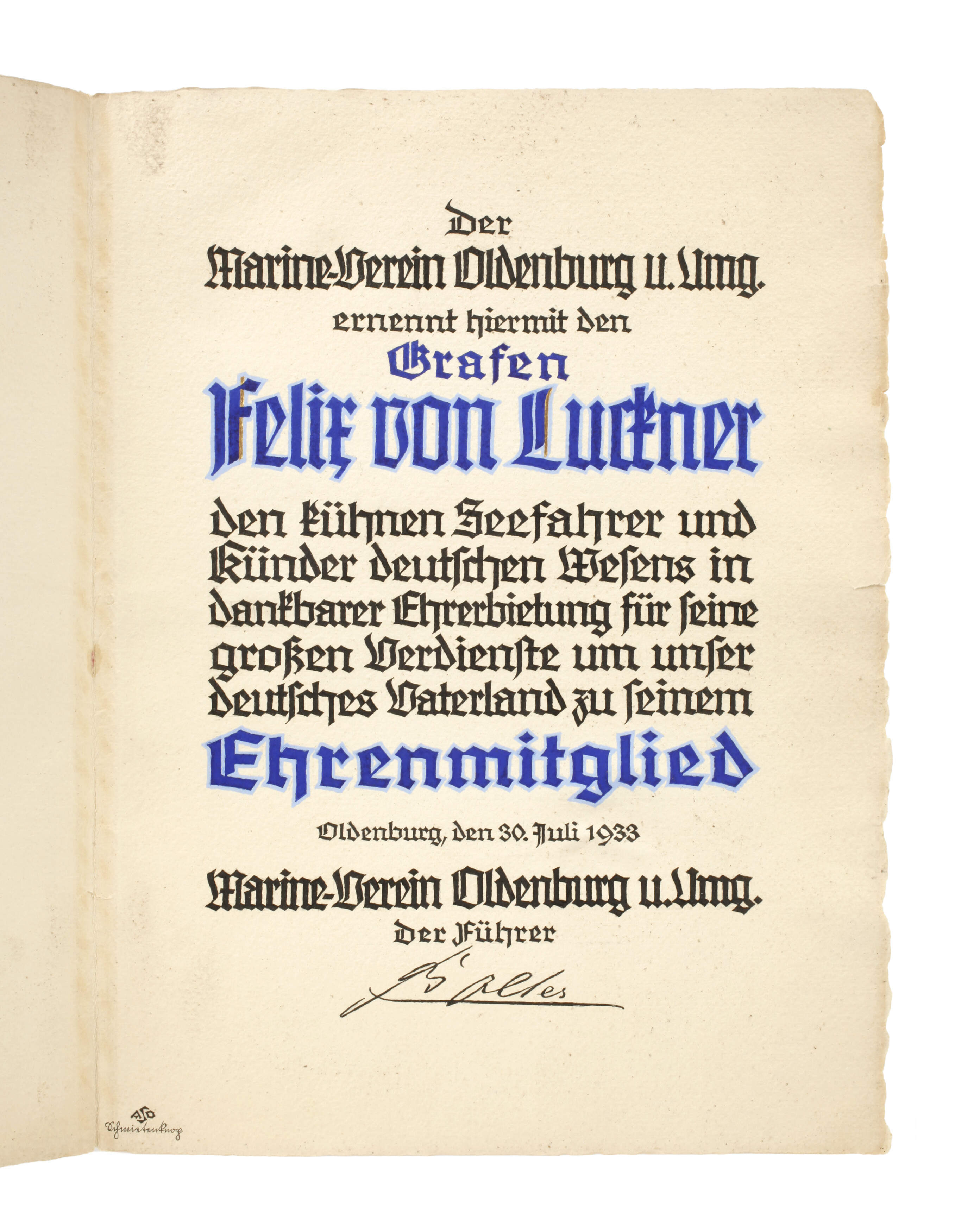 Ehrenurkunde an Graf Felix von Luckner