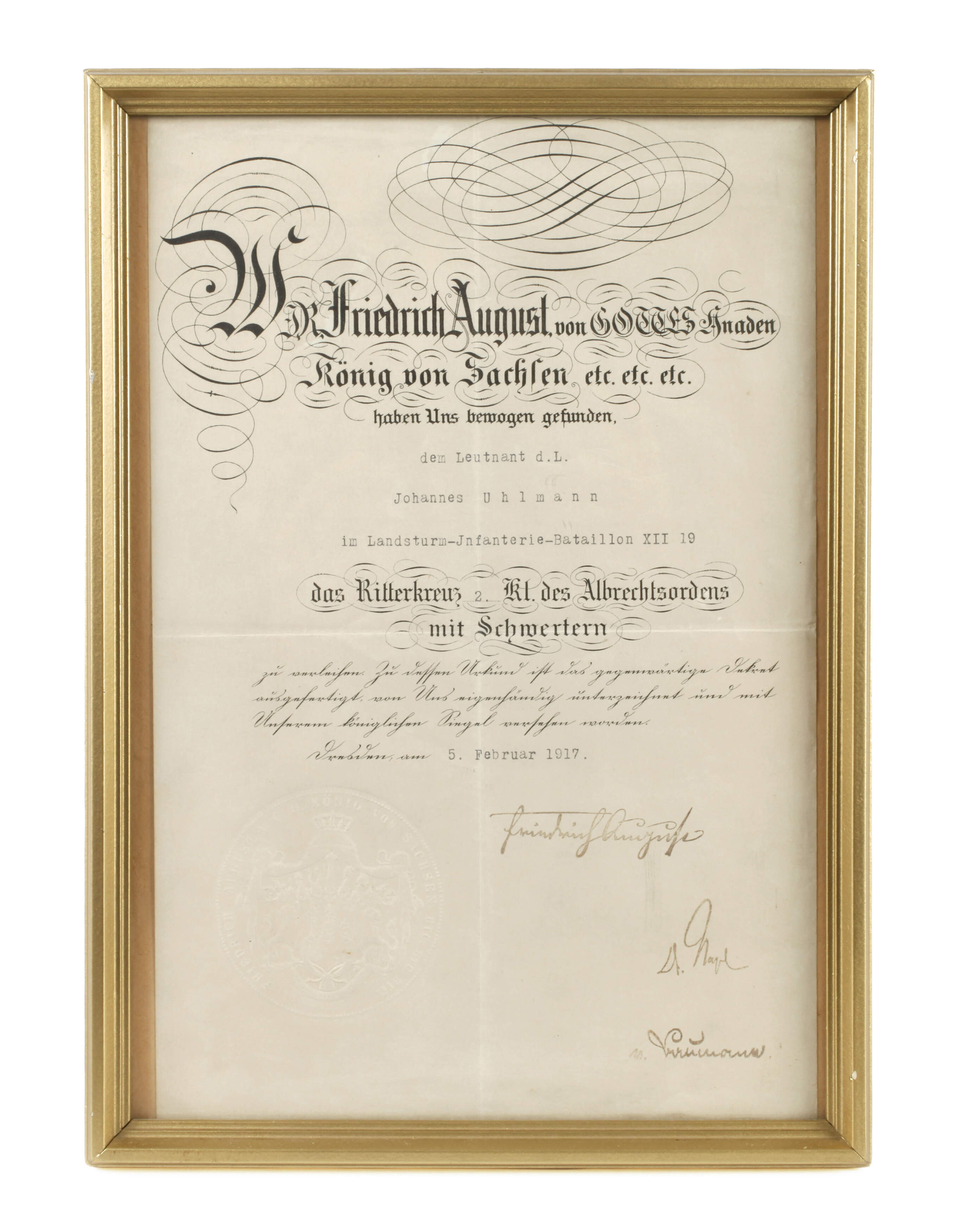Urkunde zum Ritterkreuz des Albrechtordens