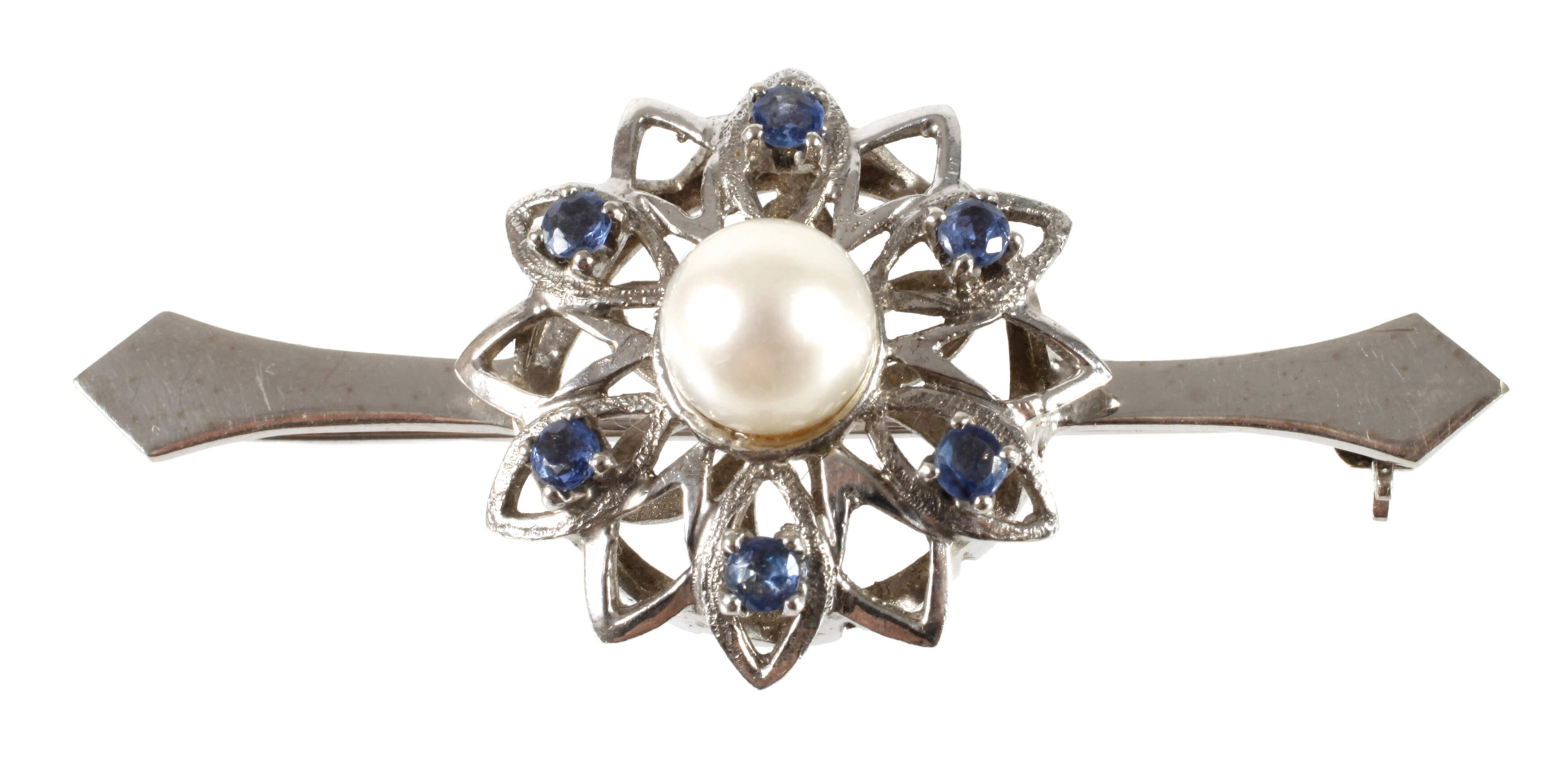 Brosche mit Perle und Saphiren