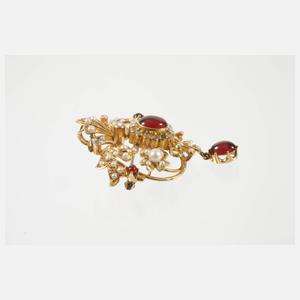 Brosche mit Granaten, Perlen und Diamanten