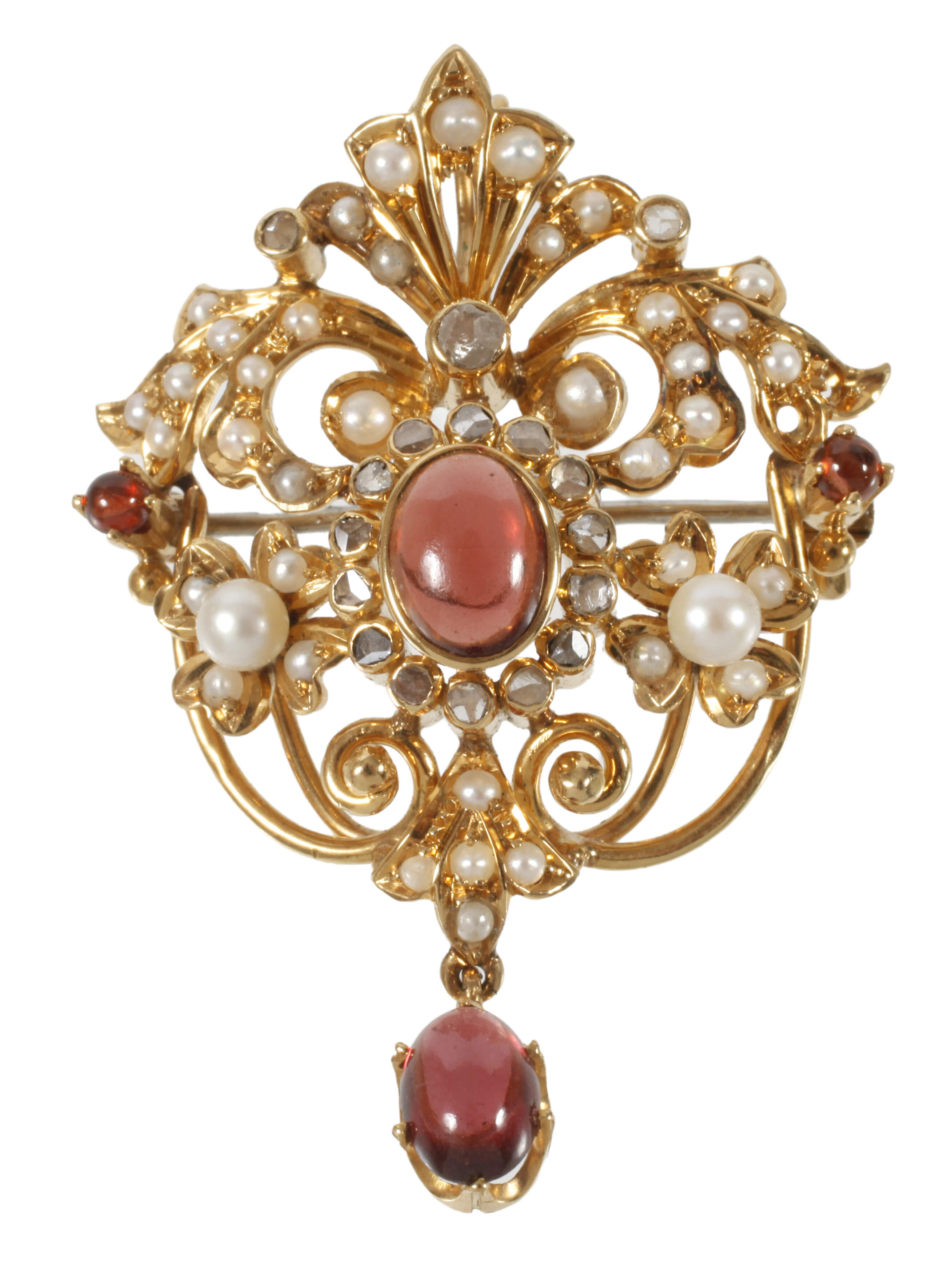 Brosche mit Granaten, Perlen und Diamanten