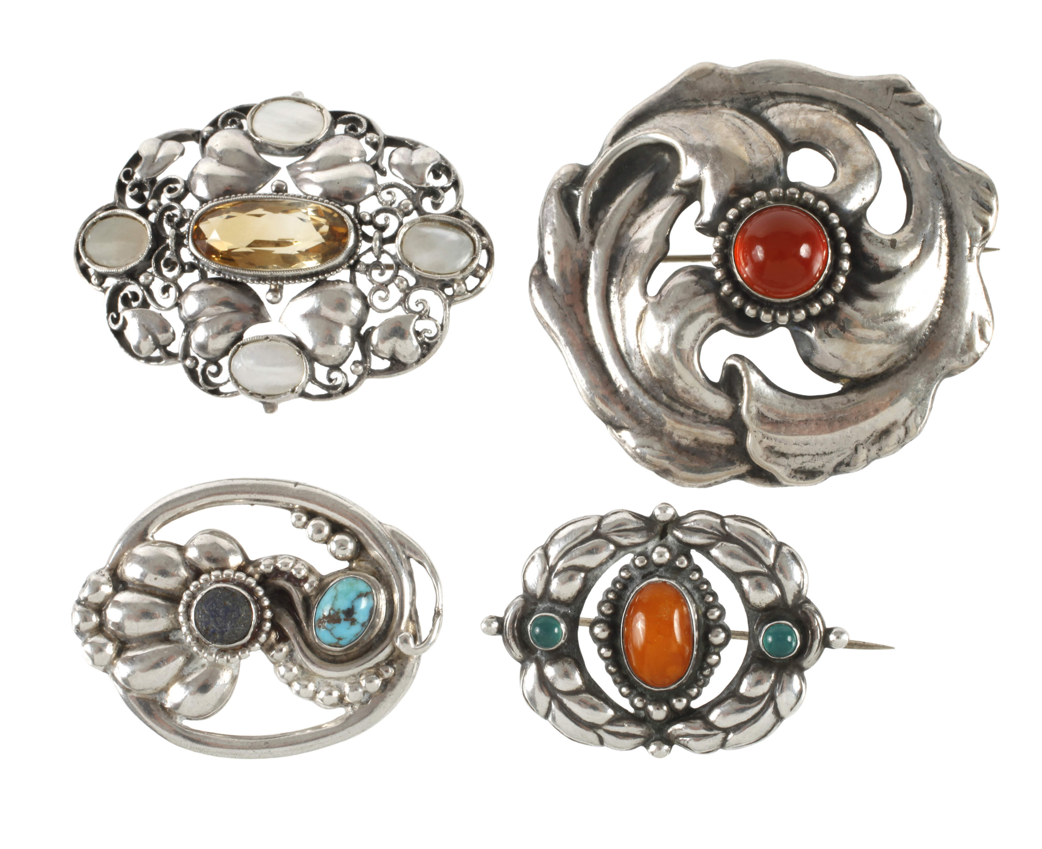 Vier Jugendstil-Broschen mit Steinbesatz