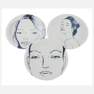 Otto Drögsler, drei Wandteller "Faces"