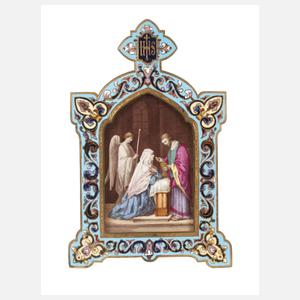 Religiöse Bildplatte in Champlevé-Rahmen