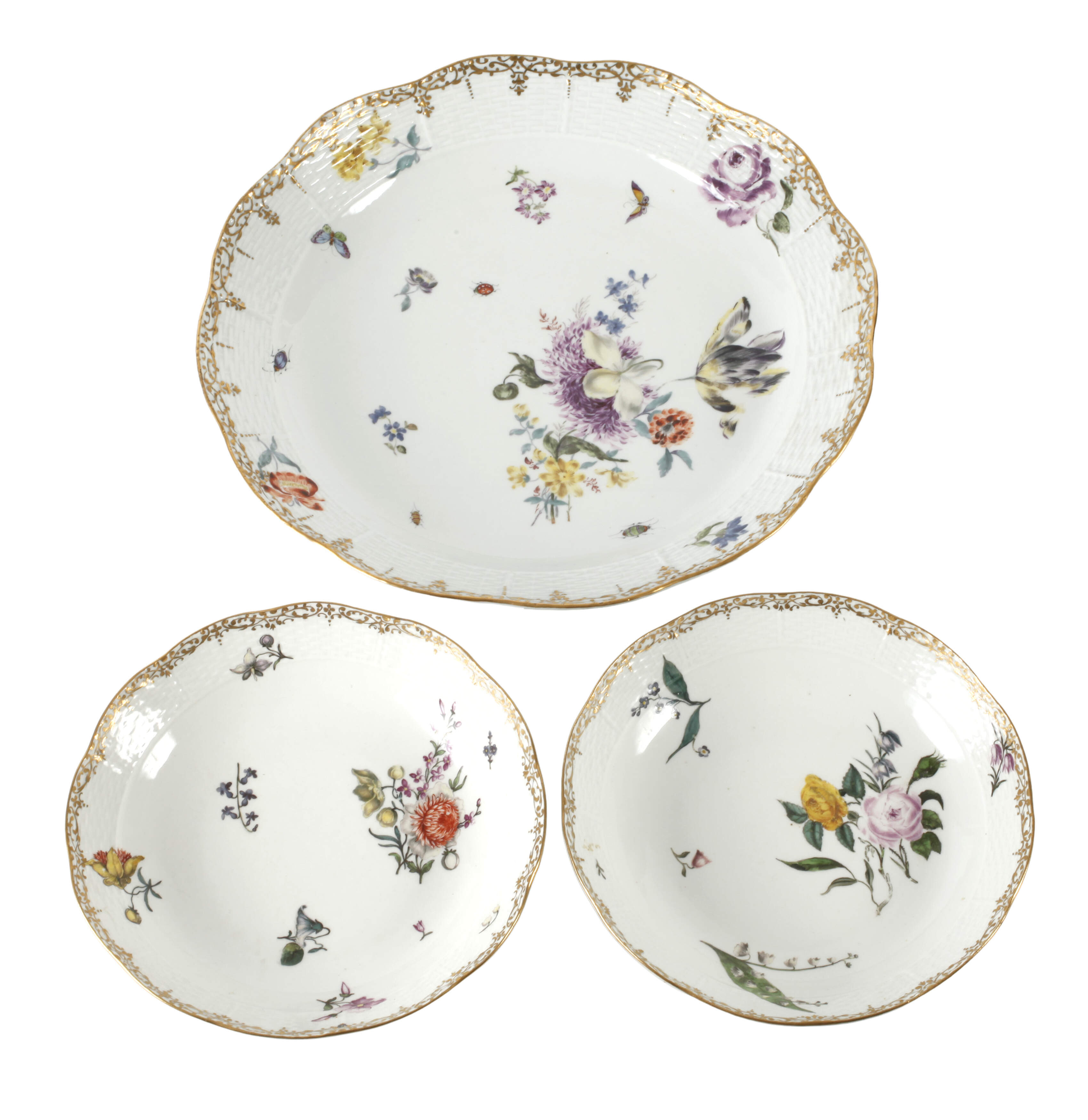 Meissen zwei Schalen und Platte Blumenmalerei