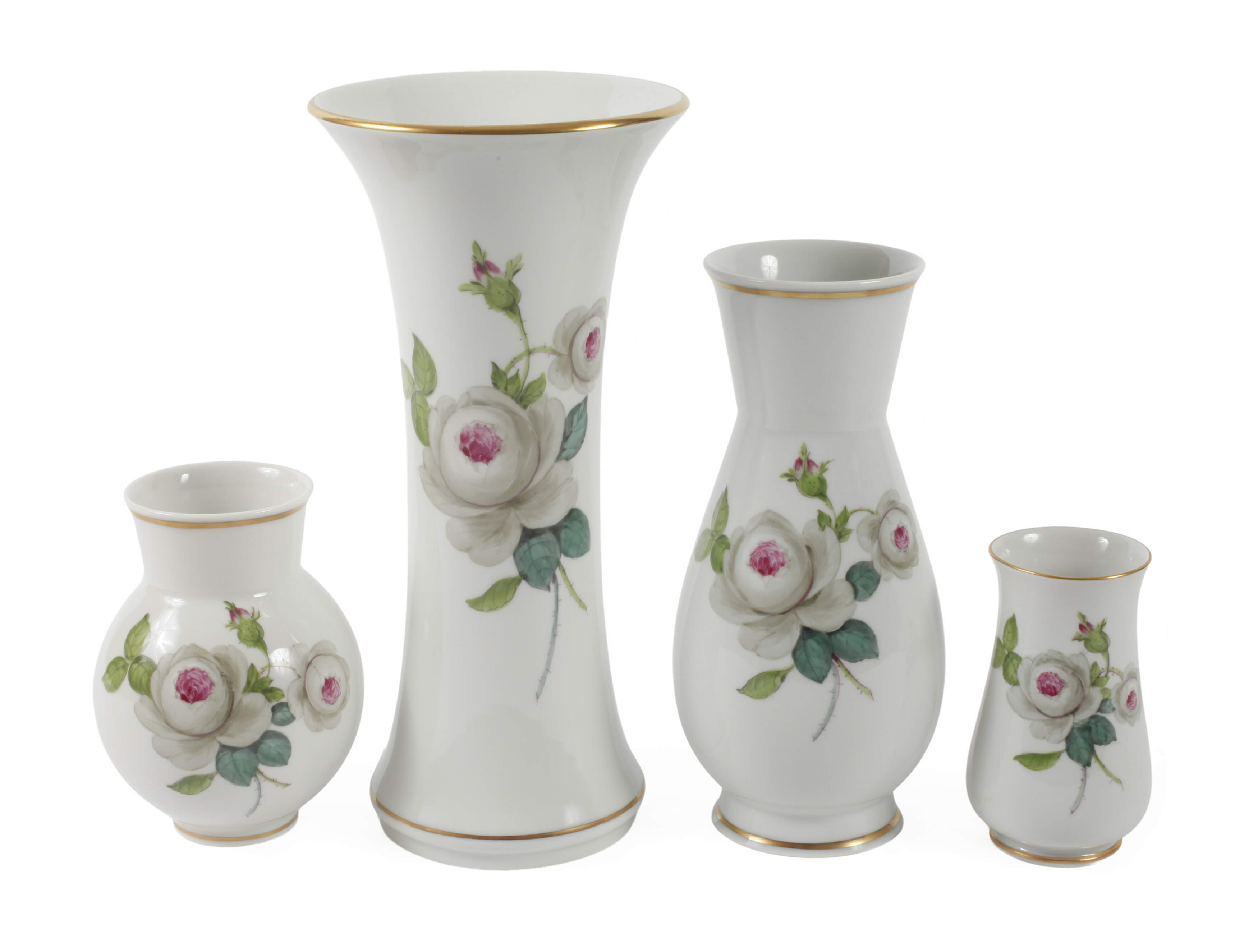 Meissen vier Vasen "Weiße Rose mit Purpurkern"