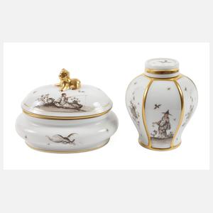 Meissen zwei Deckeldosen "Höroldt-Chinoiserie"