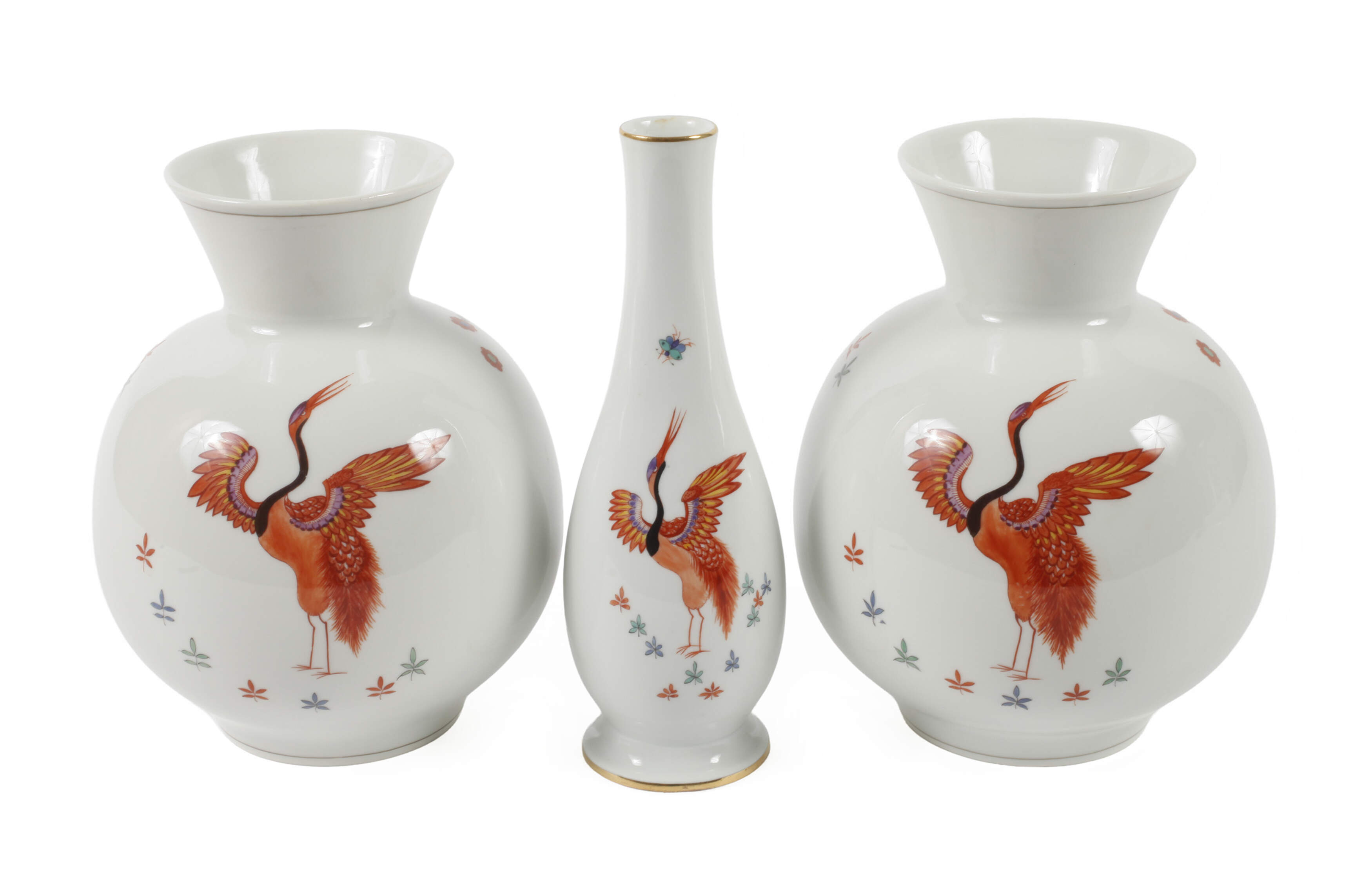 Meissen drei Vasen "Indische Kranichmalerei"