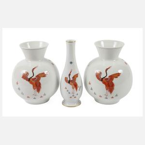 Meissen drei Vasen "Indische Kranichmalerei"