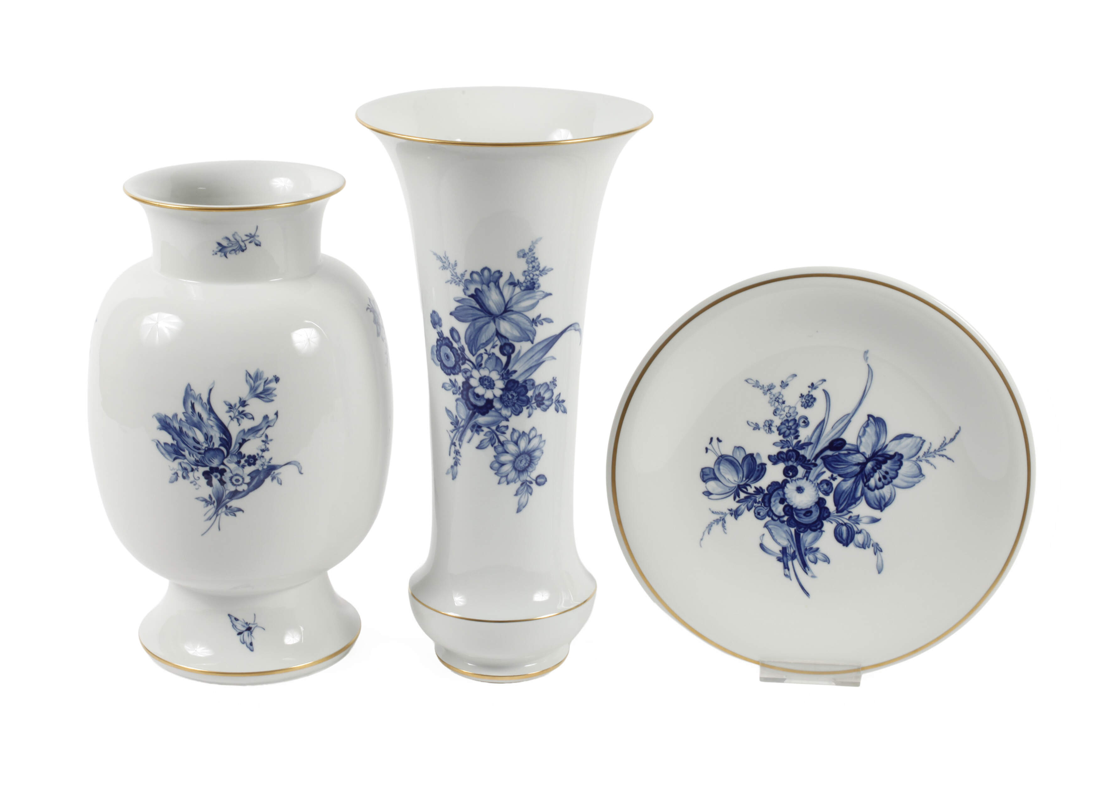 Meissen drei große Zierteile "Blaue Blume/Gold"