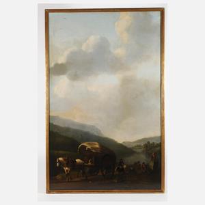 Pferd und Wagen in einer Flusslandschaft