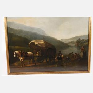 Pferd und Wagen in einer Flusslandschaft