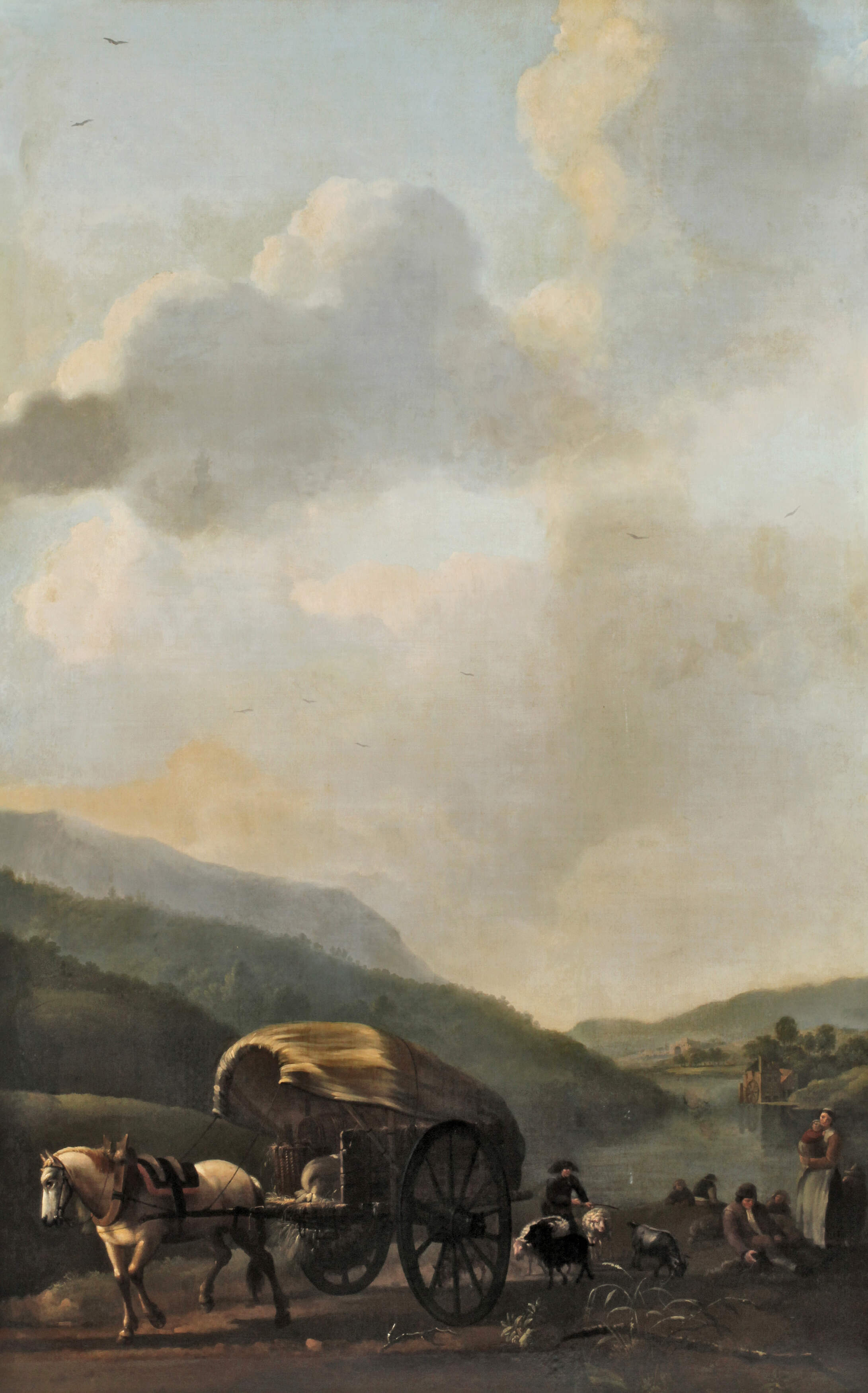 Pferd und Wagen in einer Flusslandschaft