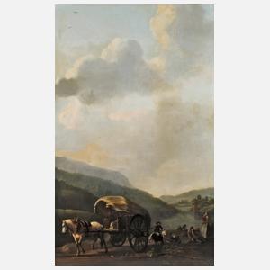 Pferd und Wagen in einer Flusslandschaft