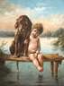 B. Oscar, Kind mit Hund auf einem Bootssteg