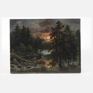 Johann Jakob Reinhardt, Waldlandschaft am See im Sonnenuntergang