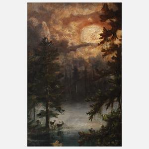 Johann Jakob Reinhardt, Waldlandschaft am See im Sonnenuntergang