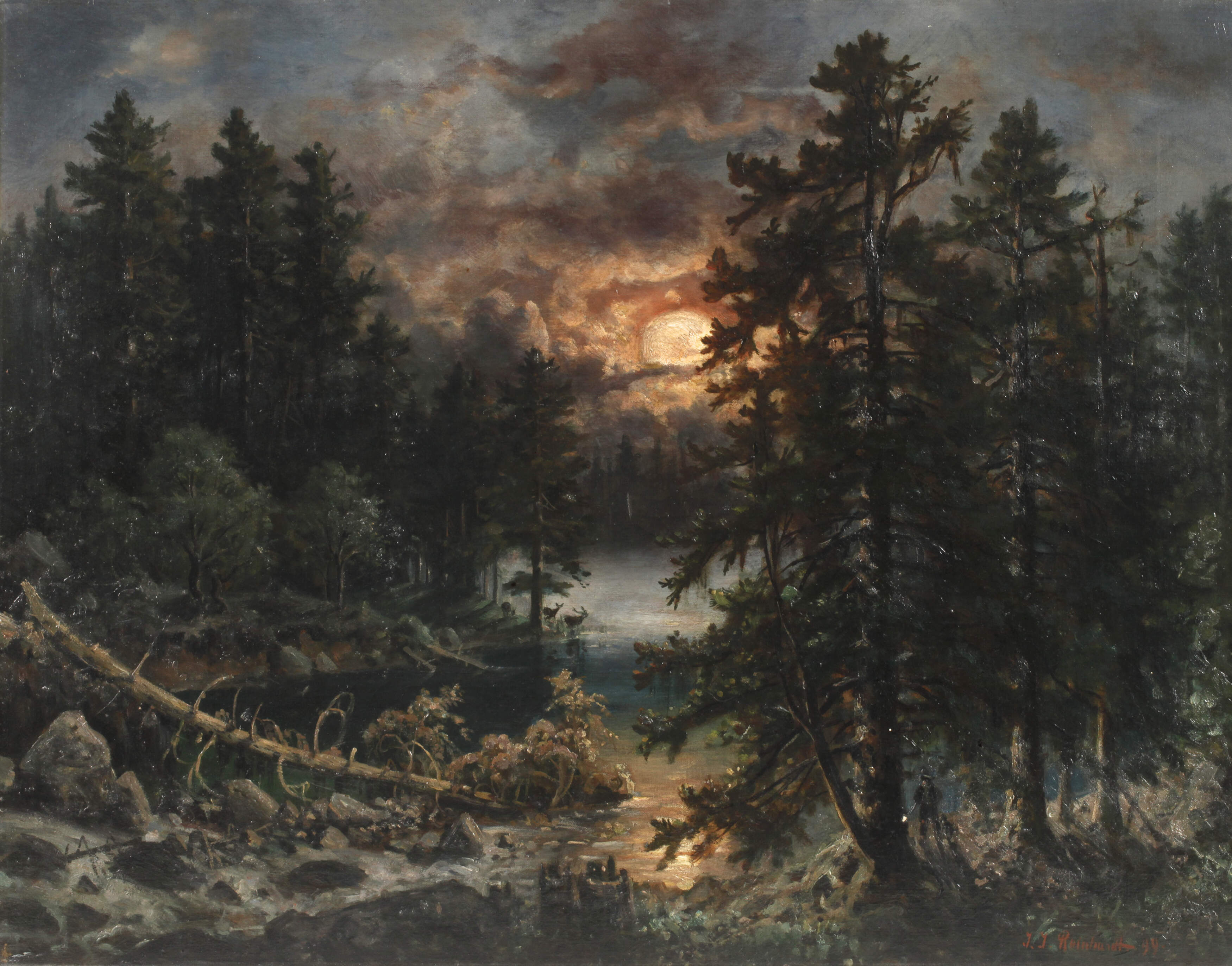 Johann Jakob Reinhardt, Waldlandschaft am See im Sonnenuntergang