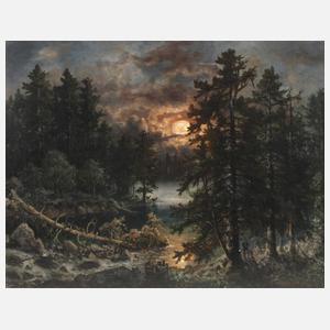 Johann Jakob Reinhardt, Waldlandschaft am See im Sonnenuntergang