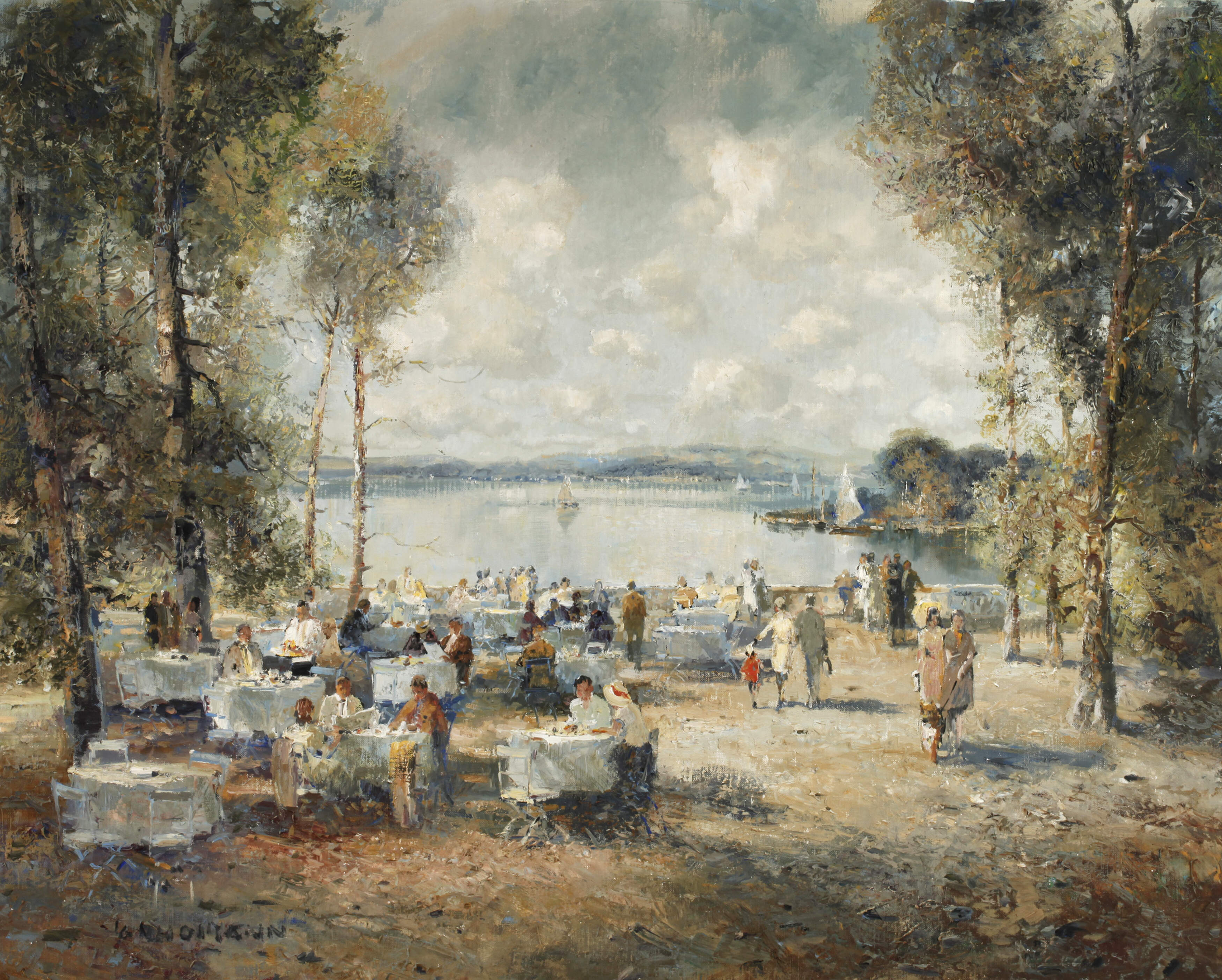 Ludwig Gschosmann, "Kaffeeszene in Kilchberg mit Blick auf Züricher See"