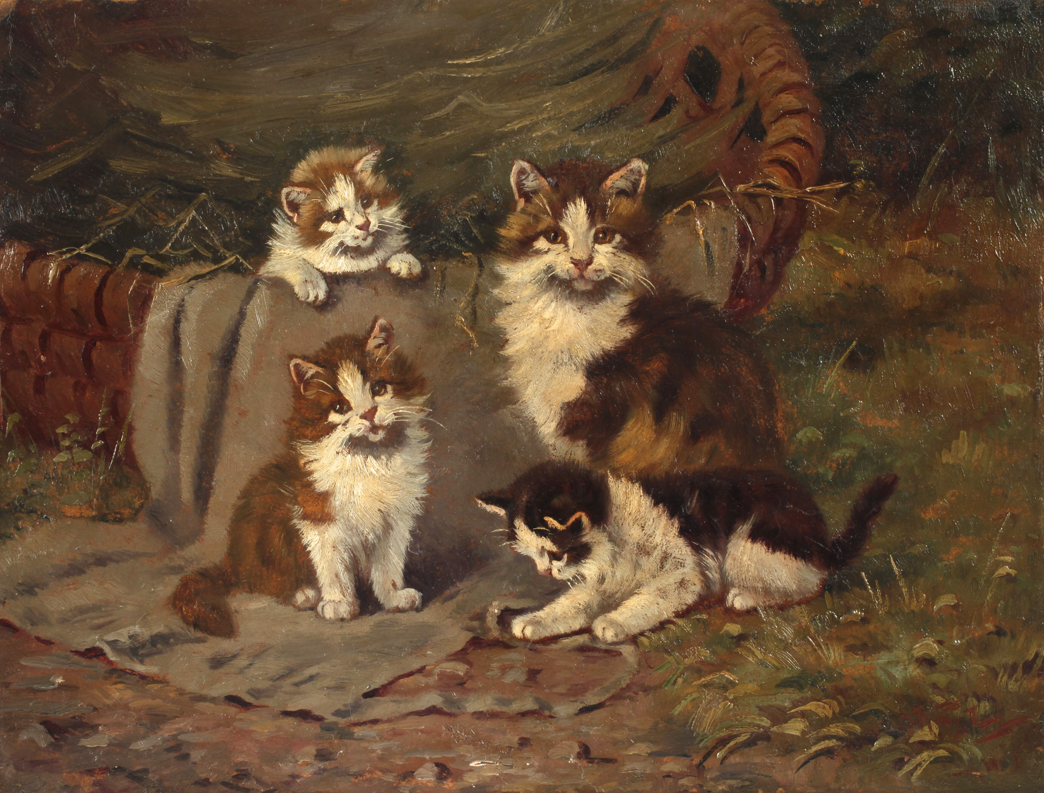 Benno Kögl, Katze mit drei Kätzchen an einem Korb