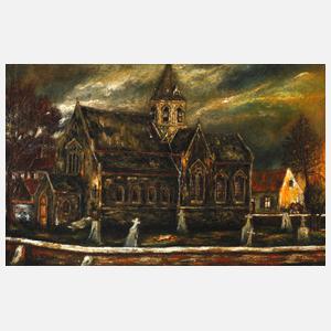 Friedhof mit Kirche bei Nacht
