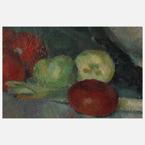 Stillleben mit Äpfeln, Gurken und Lauch