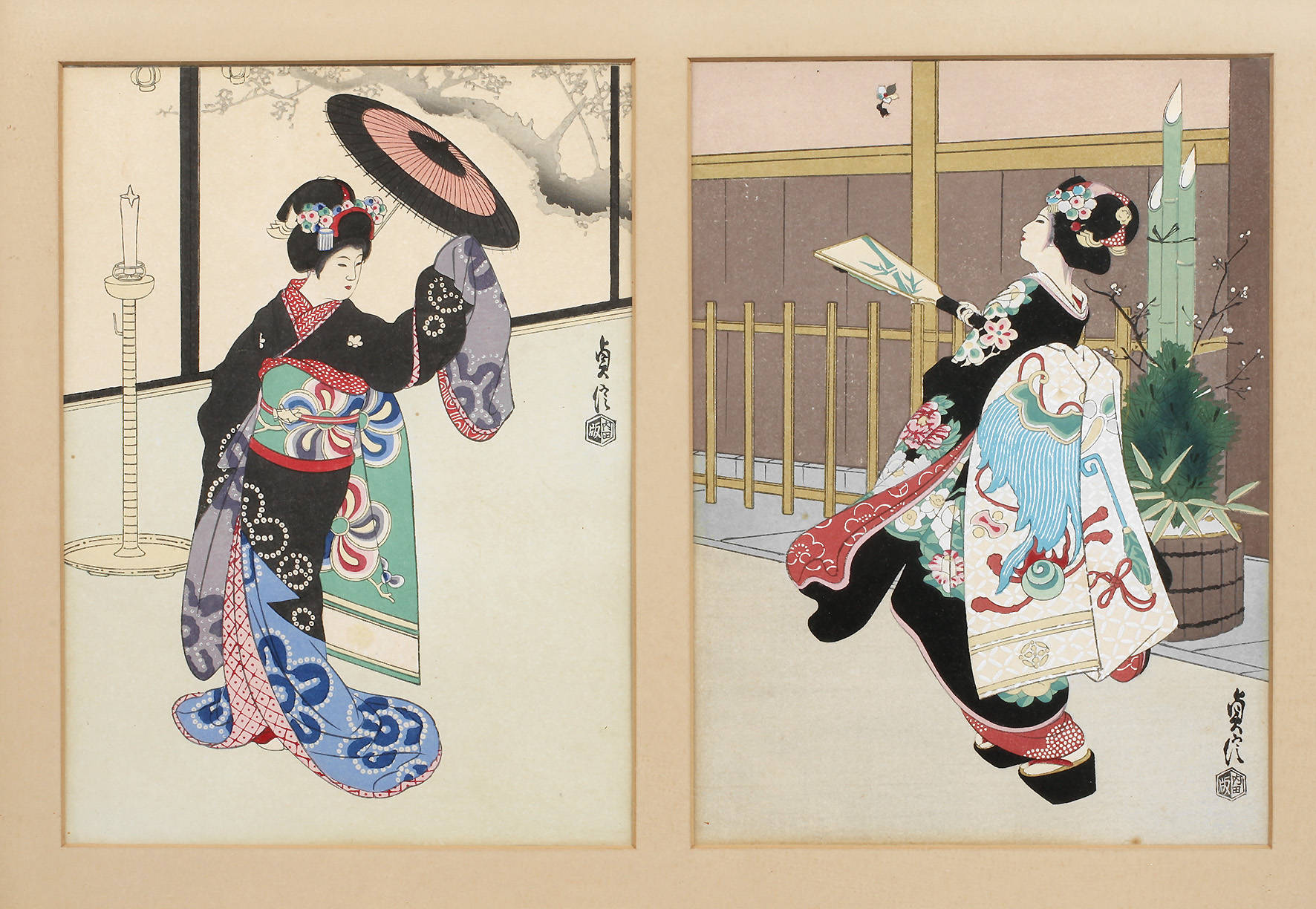 Paar japanische Farbholzschnitte