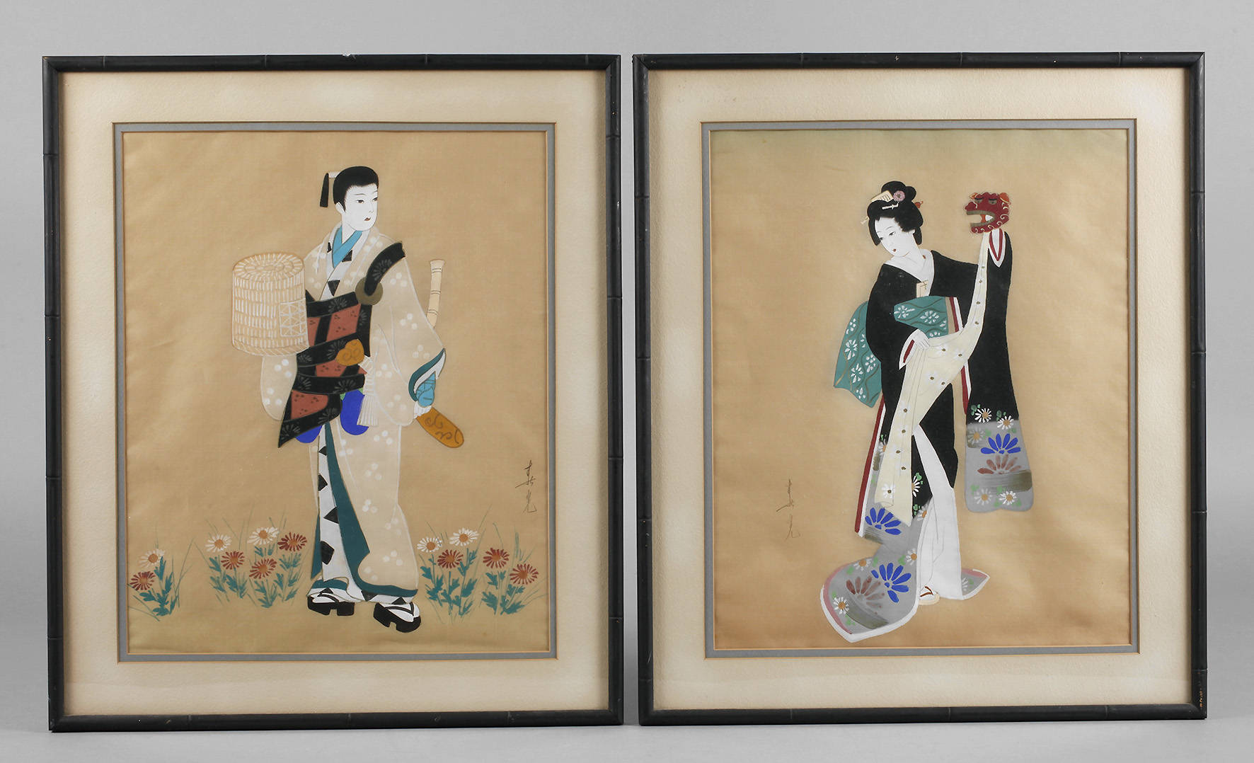 Paar japanische Seidenmalereien