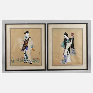 Paar japanische Seidenmalereien
