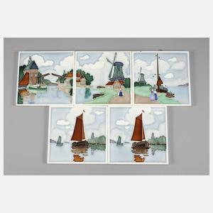 Fünf holländische Wandfliesen