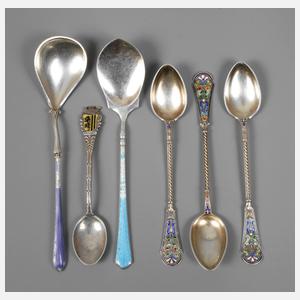 Sechs Silberlöffel Email