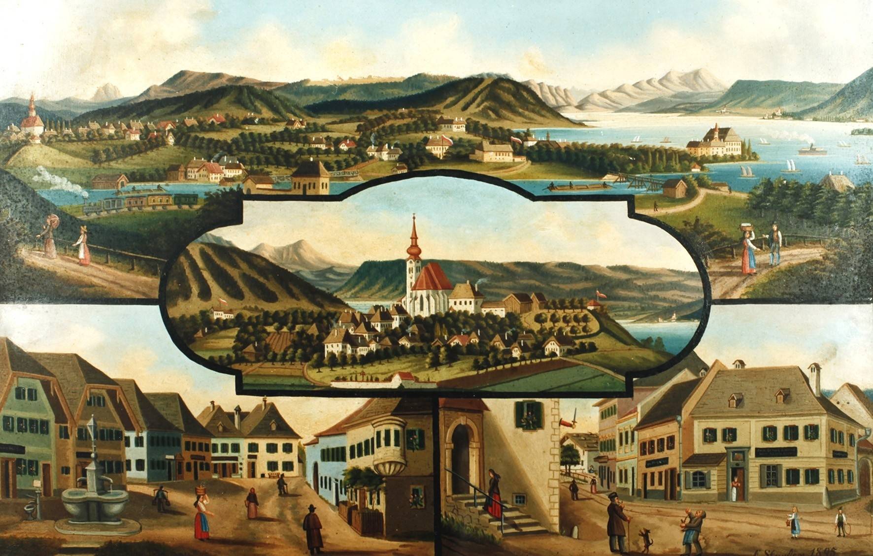 E. Staufer, Erinnerungsblatt mit vier Stadtansichten