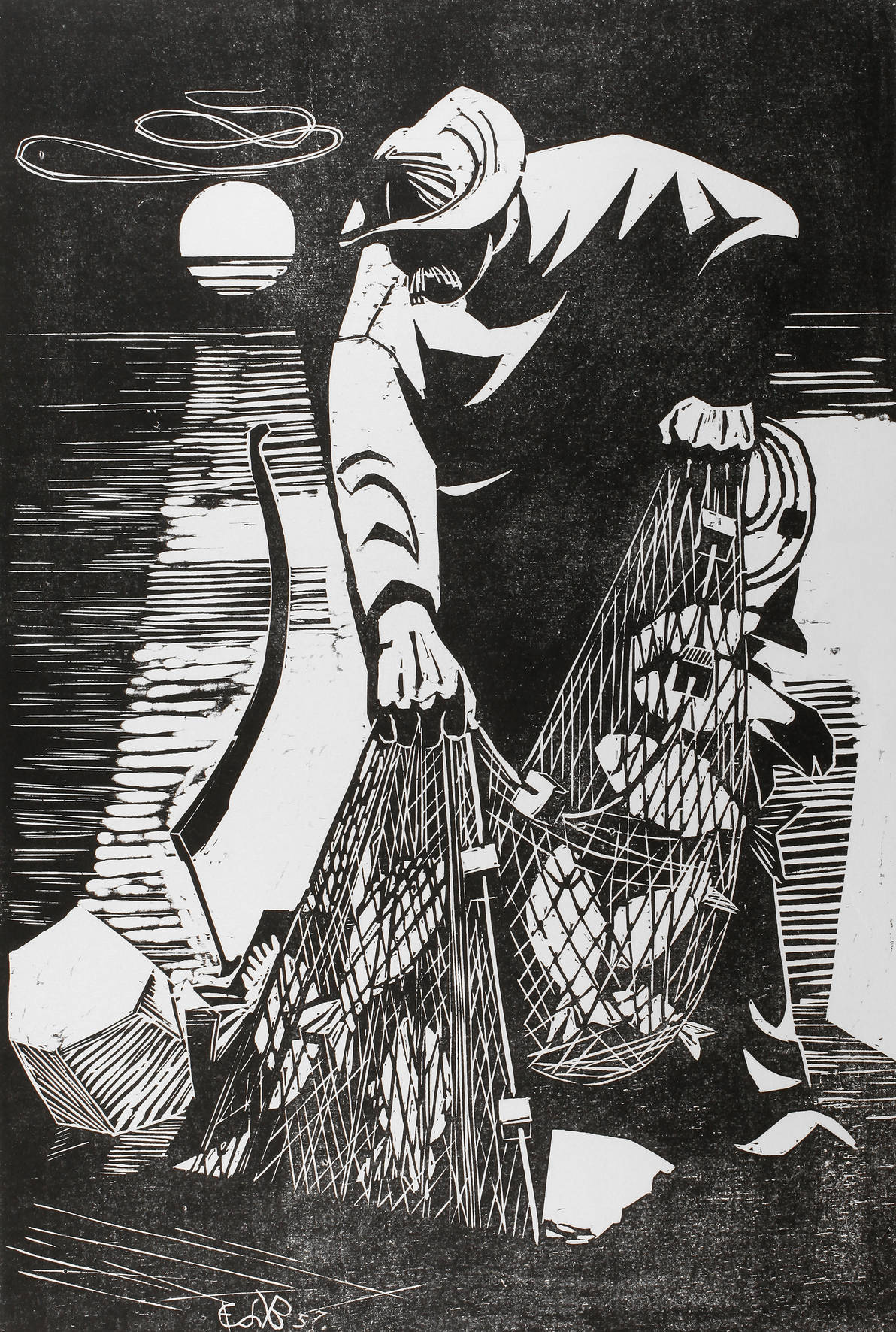 Eduard Bischoff,  Fischer bei der Arbeit