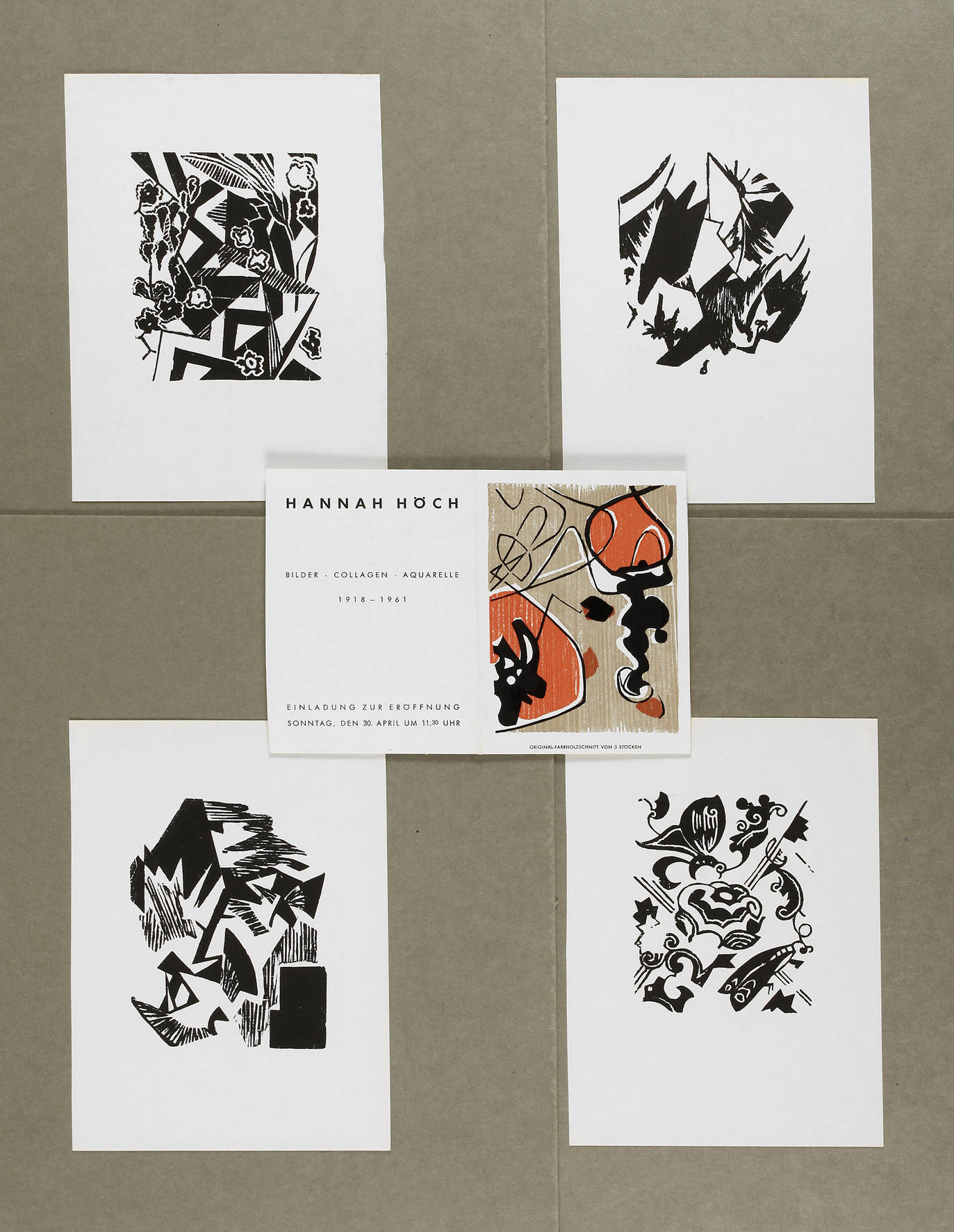 Hannah Höch, vier Holzschnitte und eine Einladungskarte