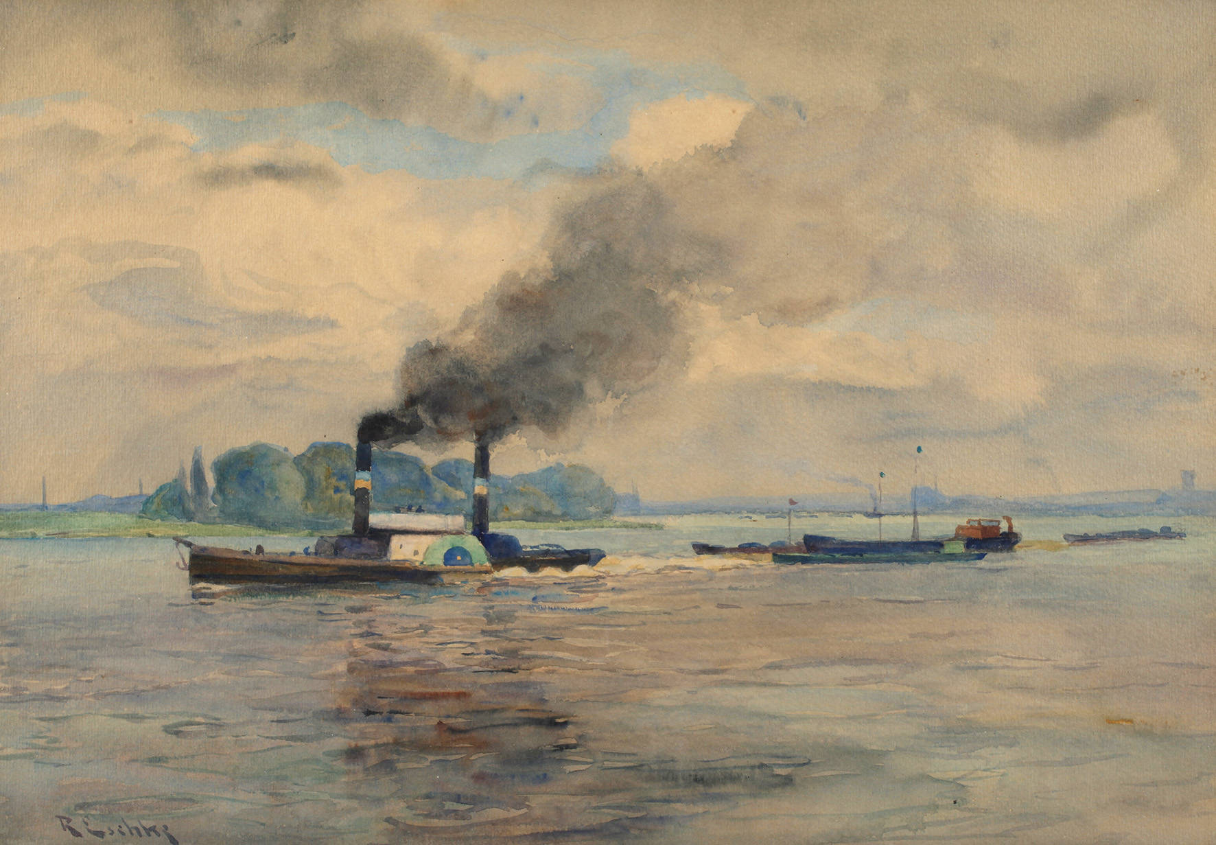 Richard Eschke, Flusslandschaft mit Raddampfer