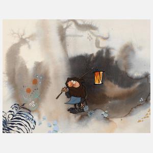 Trickfilmszene, Männchen mit Laterne