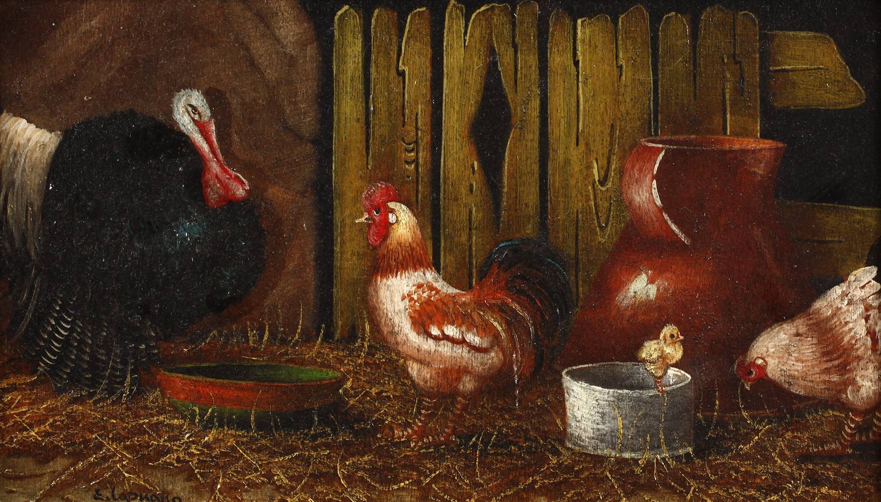 E. Capuano, Hühnerhof mit Truthahn