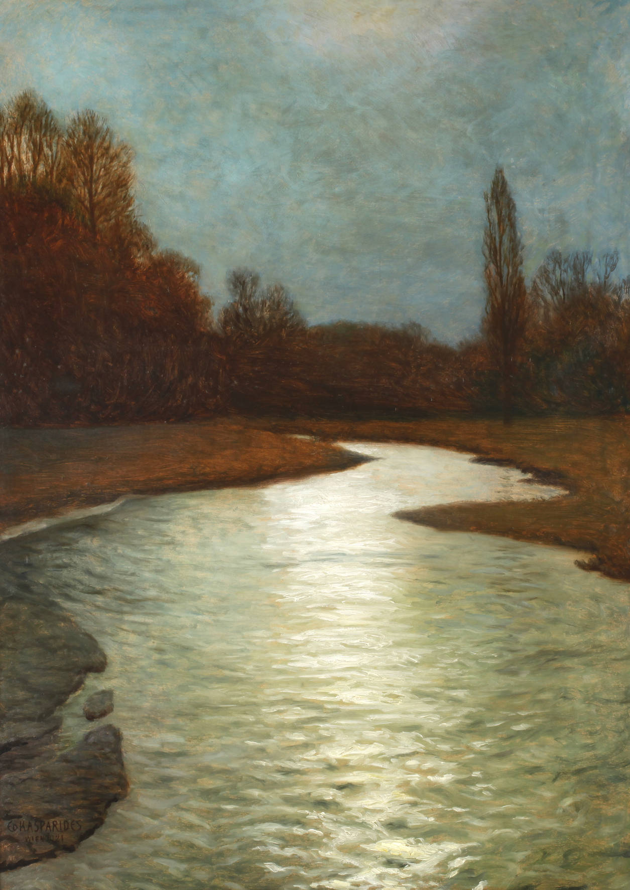 Eduard Kasparides, Flusslandschaft bei Mondschein