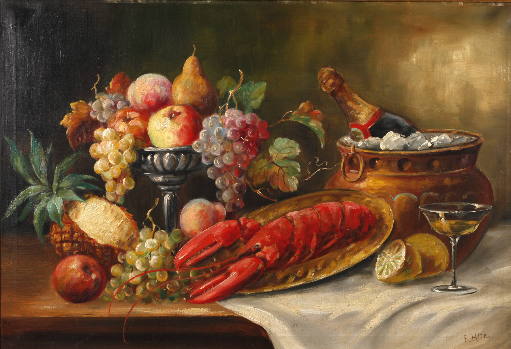 E. Hirn, Tafelstillleben mit Hummer