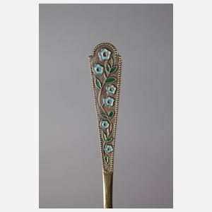 Russland sechs emaillierte Löffel und Zuckerzange