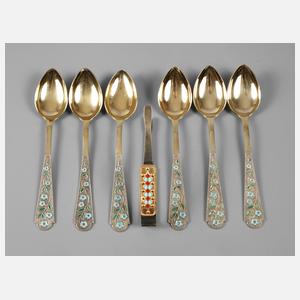 Russland sechs emaillierte Löffel und Zuckerzange