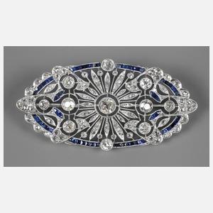 Große Jugendstilbrosche Brillant und Saphir