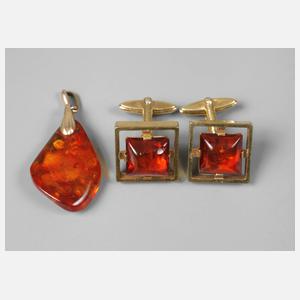 Bernstein Paar Manschettenknöpfe und Anhänger