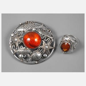 Brosche und Damenring Bernstein