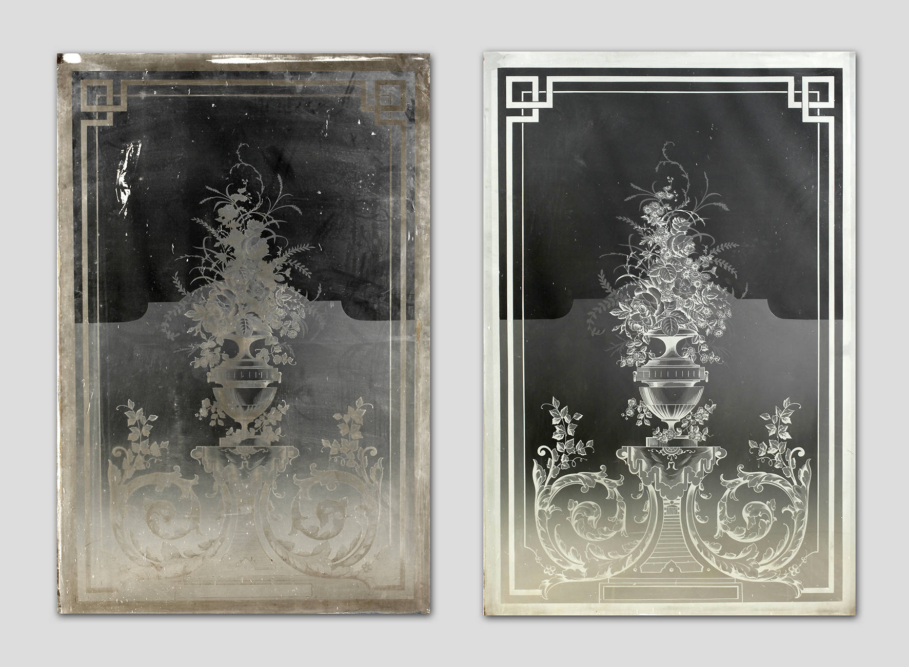 Paar große Ätzglasscheiben Historismus