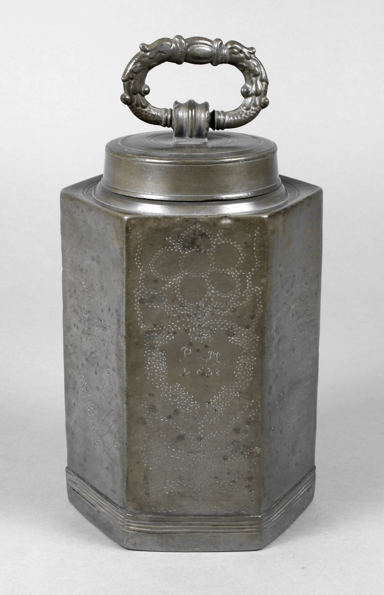 Große Zinn-Schraubflasche Biedermeier